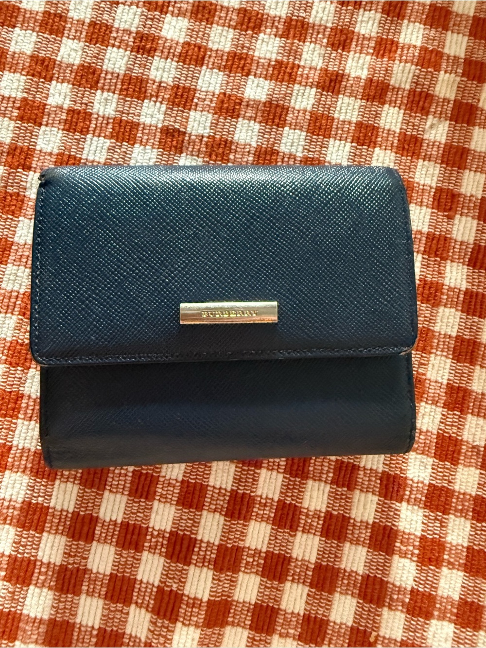 Burberry Navy Saffiano Leather Trifold Wallet with Metal Logo Plaque